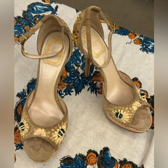 Dior Tan Floral High Heels Sz 38.5